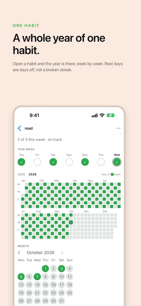 A whole year of one habit. Open a habit and the year is there, week by week. Rest days are days off, not a broken streak.