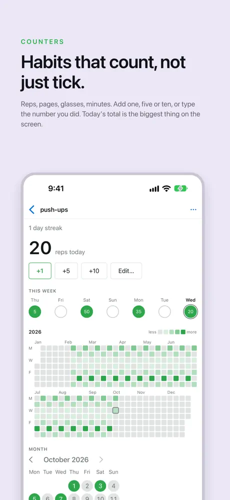 Habits that count, not just tick. Reps, pages, glasses, minutes. Add one, five or ten, or type the number you did. Today's total is the biggest thing on the screen.